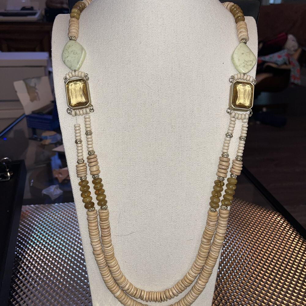 Chico’s Natural Wood Beads, Light Green Stone Yellow Crystal Long Rare